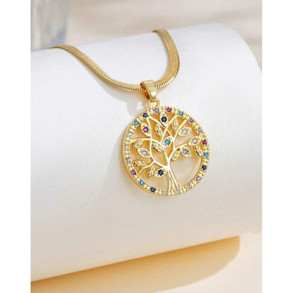 18K Gold Plated Tree Of Life Pendant Necklace With Multicolor Rhinestones On Sta